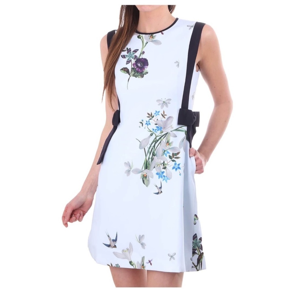 Ted Baker Spinela Floral Fit Flare Dress Robin Egg Blue Size 3 US 8 Bow Detail